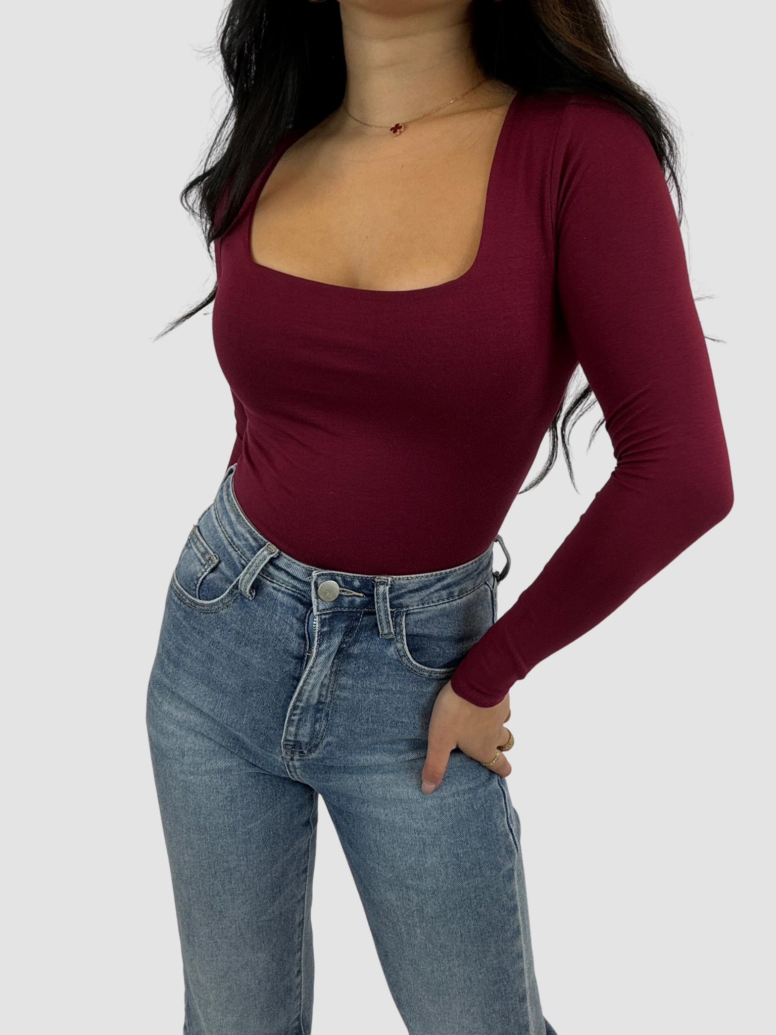 SQUARE LONG SLEEVE TOP - BORDEAUX RED