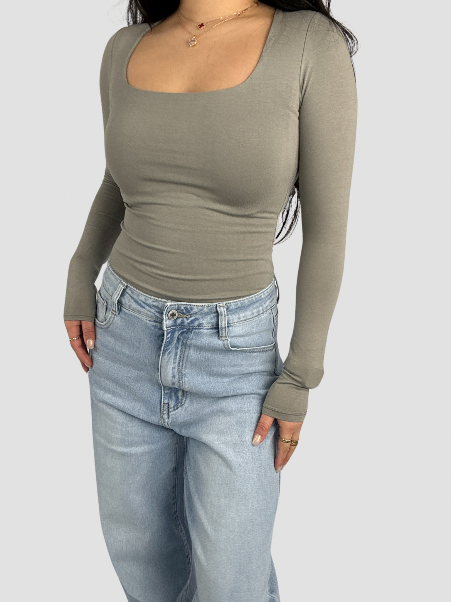 SQUARE LONG SLEEVE TOP - TAUPE