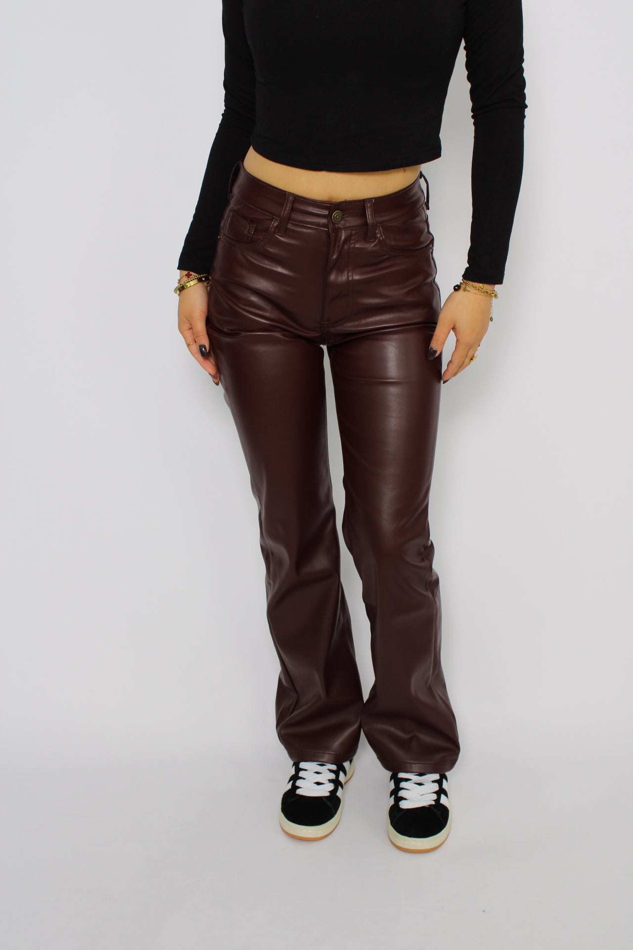 “PETITE” LEATHER PANTS - BURGUNDY