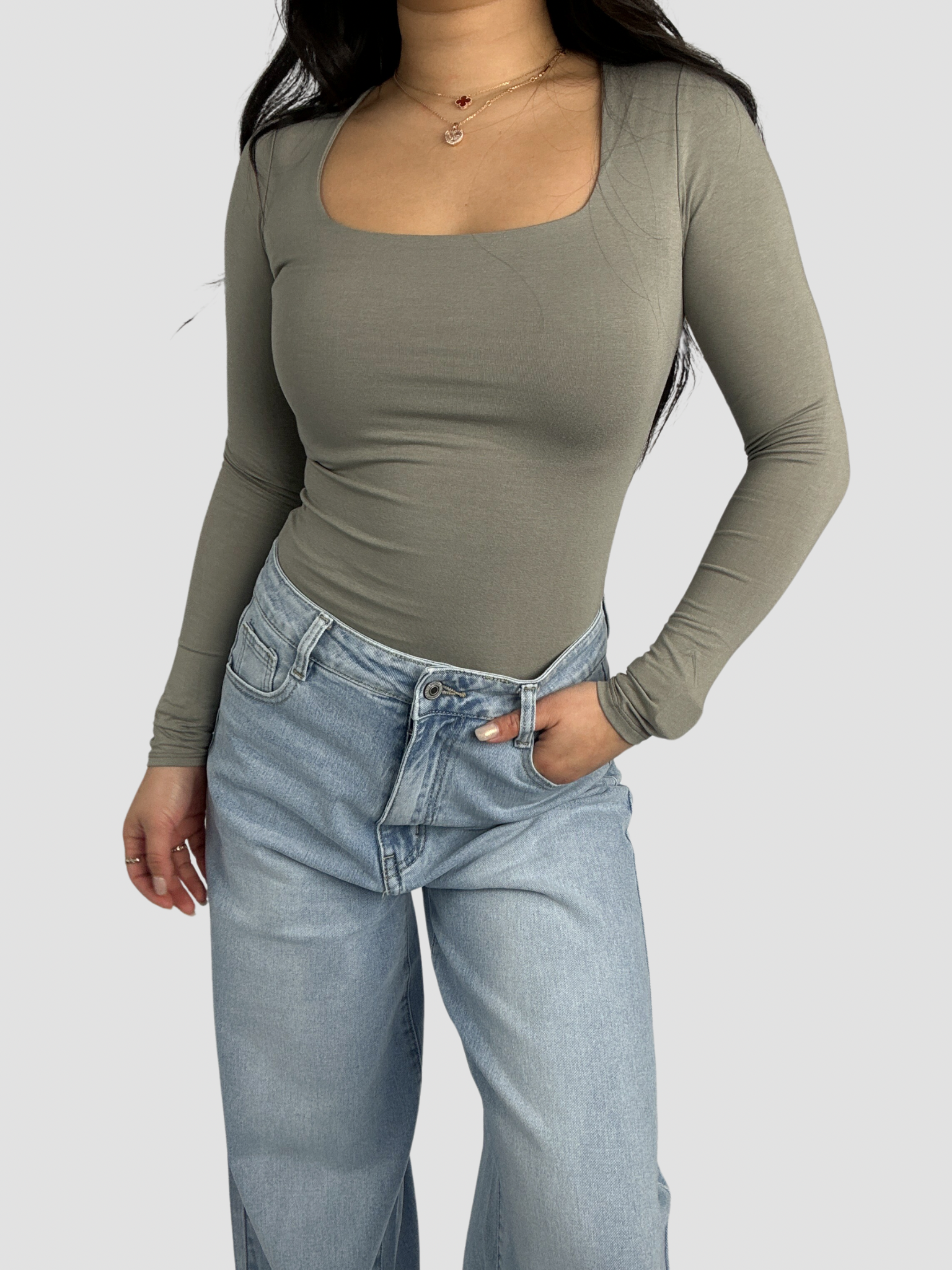 SQUARE LONG SLEEVE TOP - TAUPE