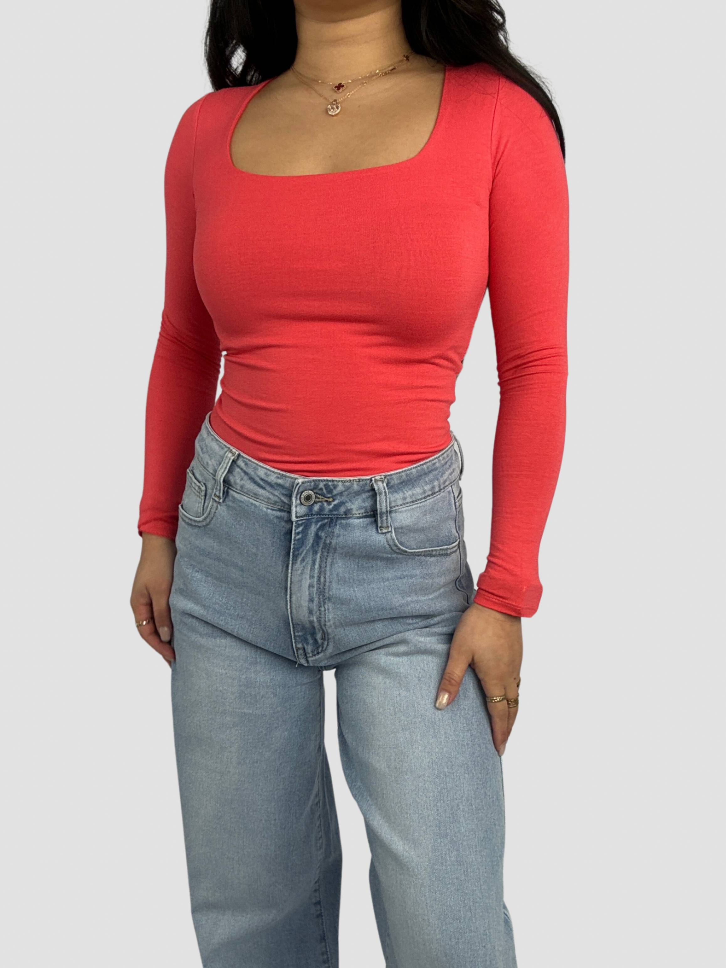 SQUARE LONG SLEEVE TOP - CORAL