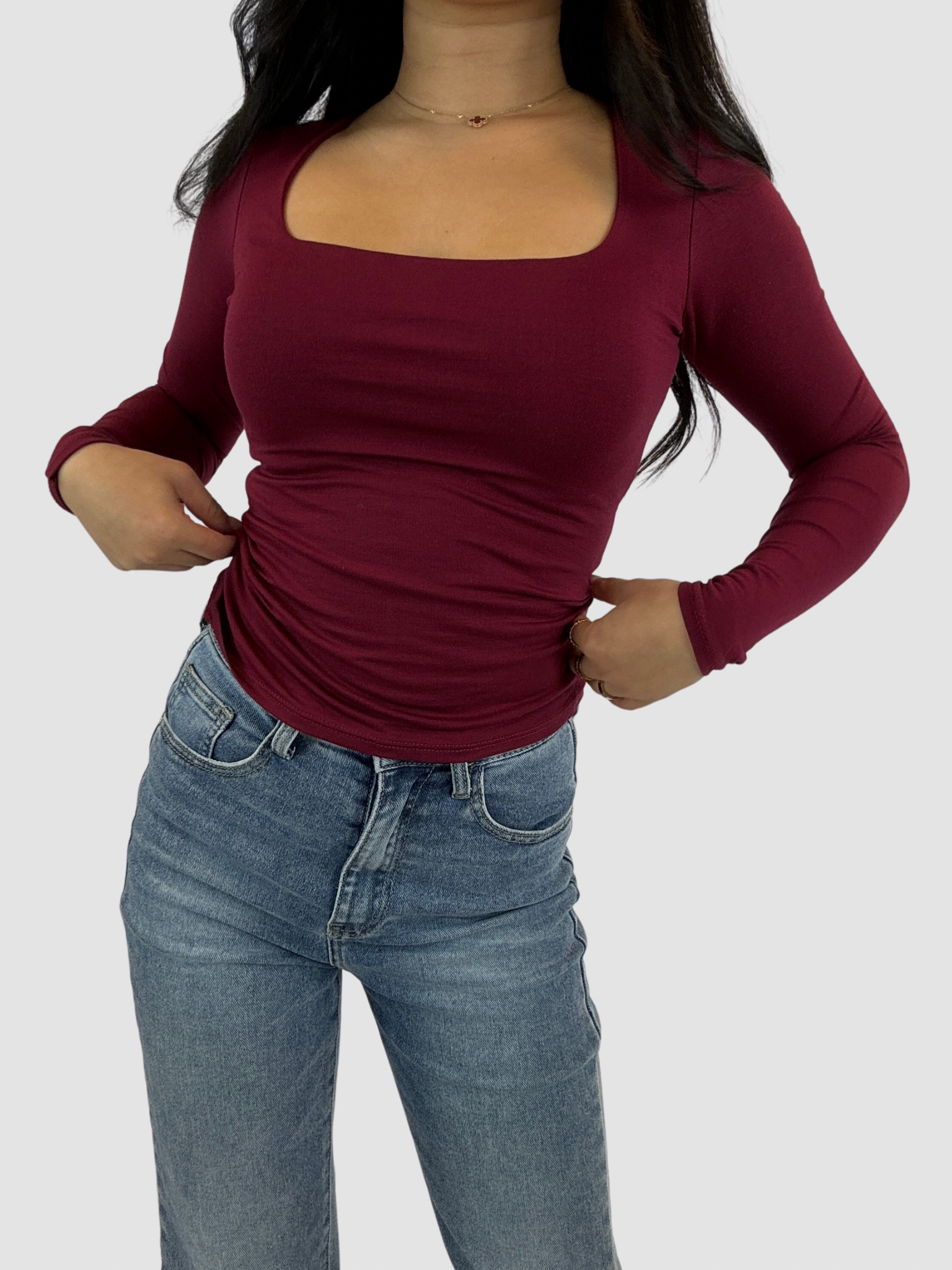 SQUARE LONG SLEEVE TOP - BORDEAUX RED