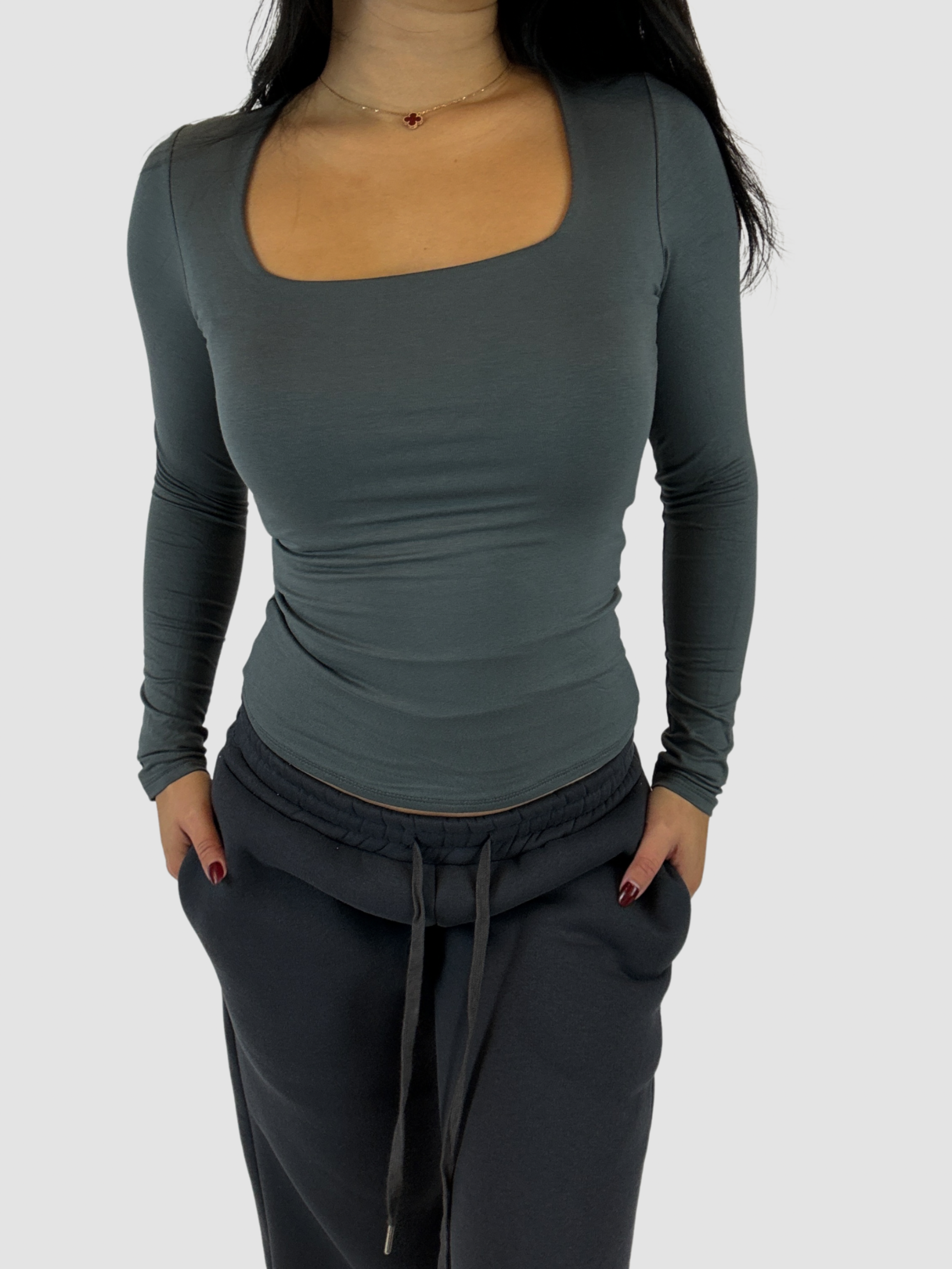 SQUARE LONG SLEEVE TOP - DARK GREY