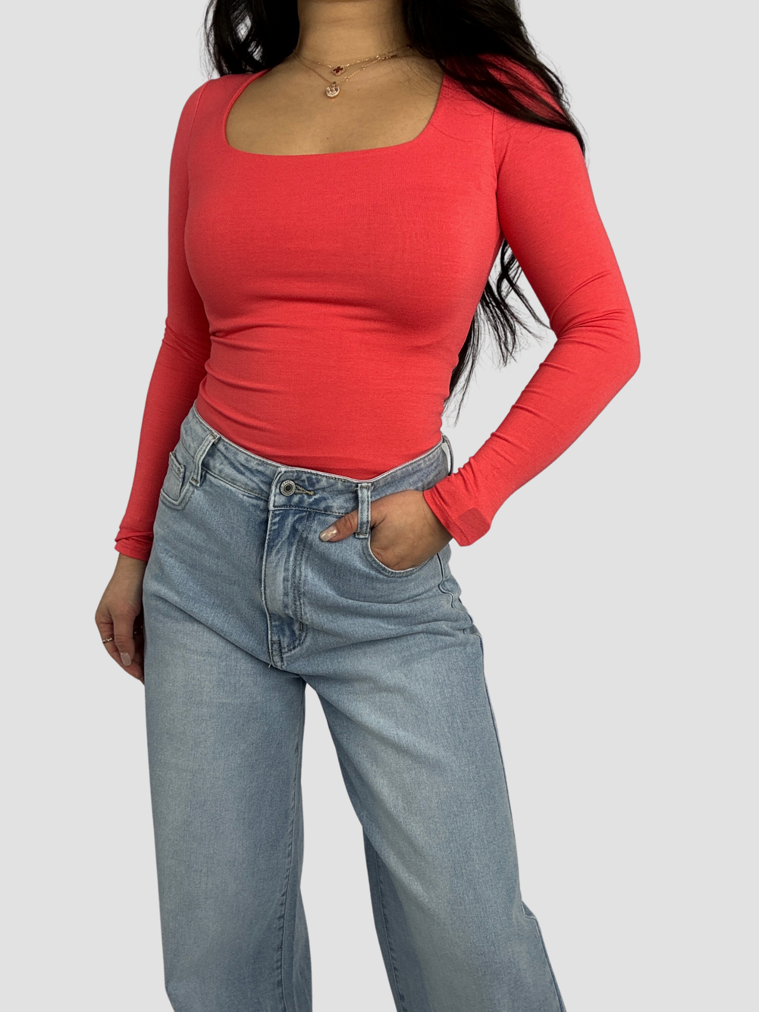 SQUARE LONG SLEEVE TOP - CORAL