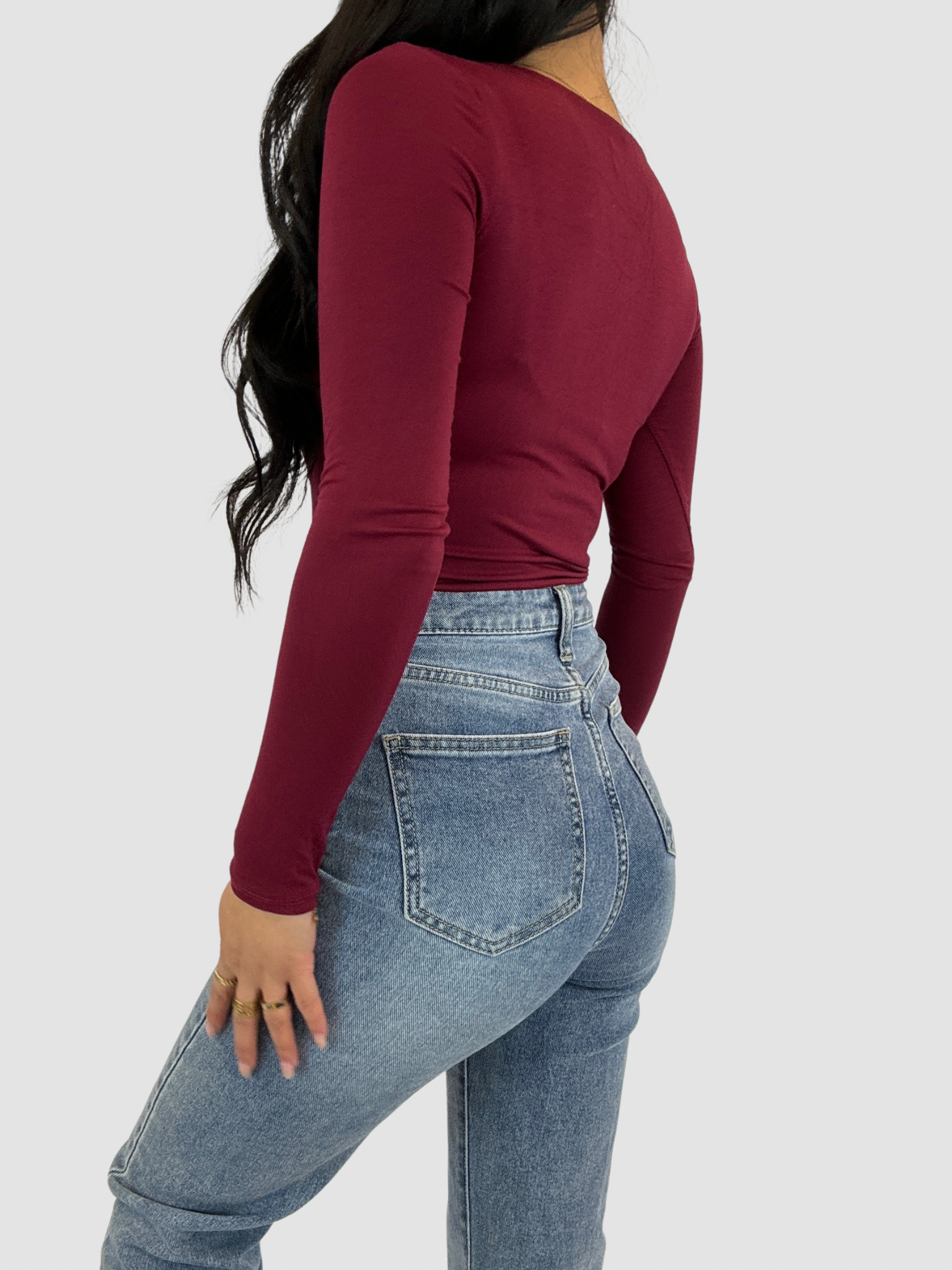 SQUARE LONG SLEEVE TOP - BORDEAUX RED