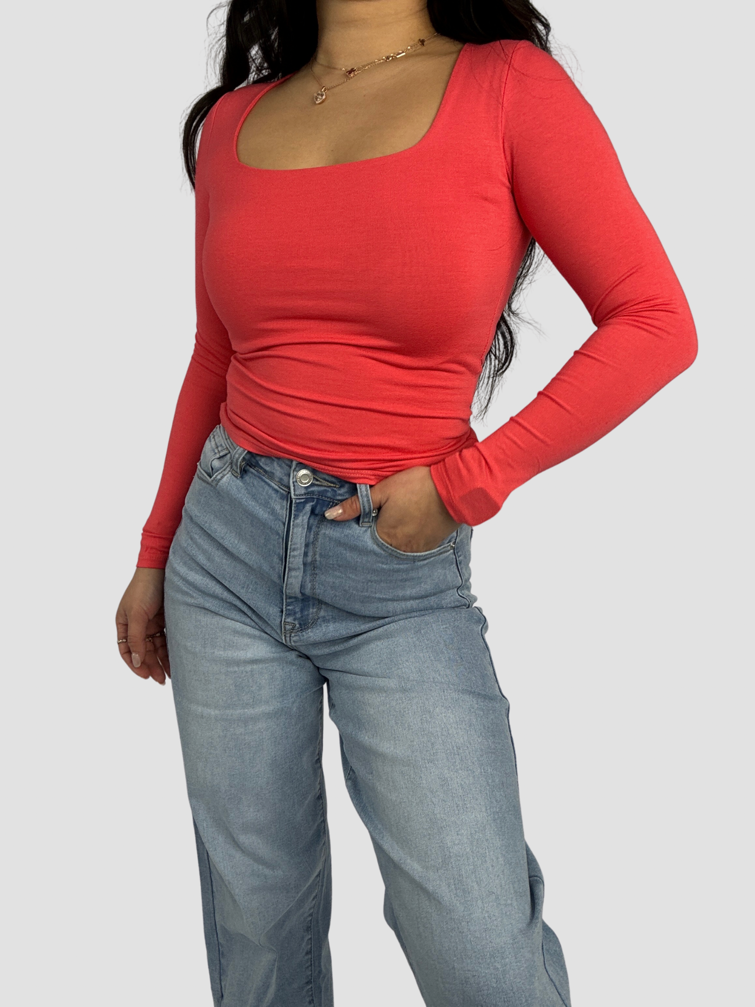 SQUARE LONG SLEEVE TOP - CORAL