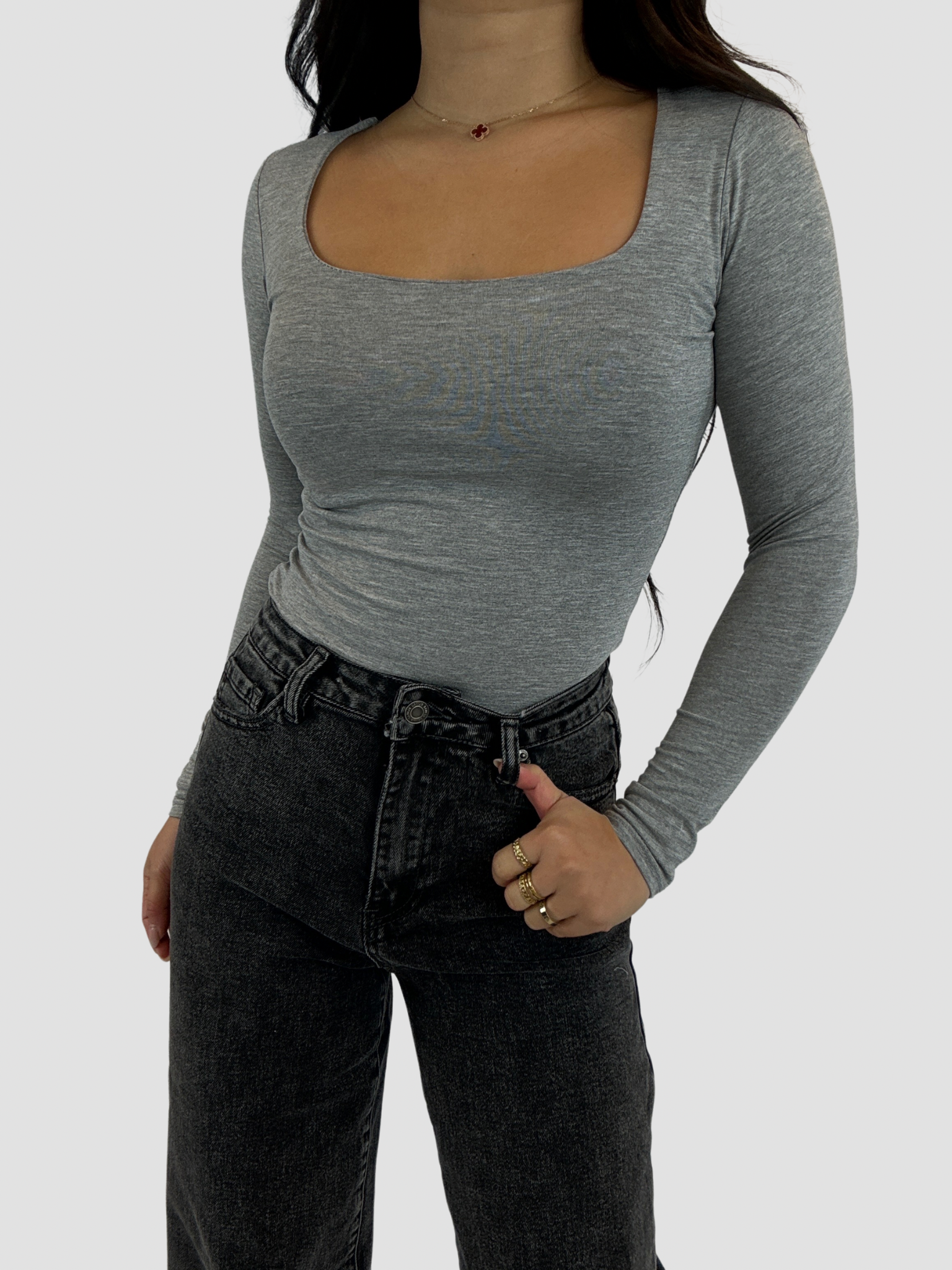 SQUARE LONG SLEEVE TOP - GREY MARL