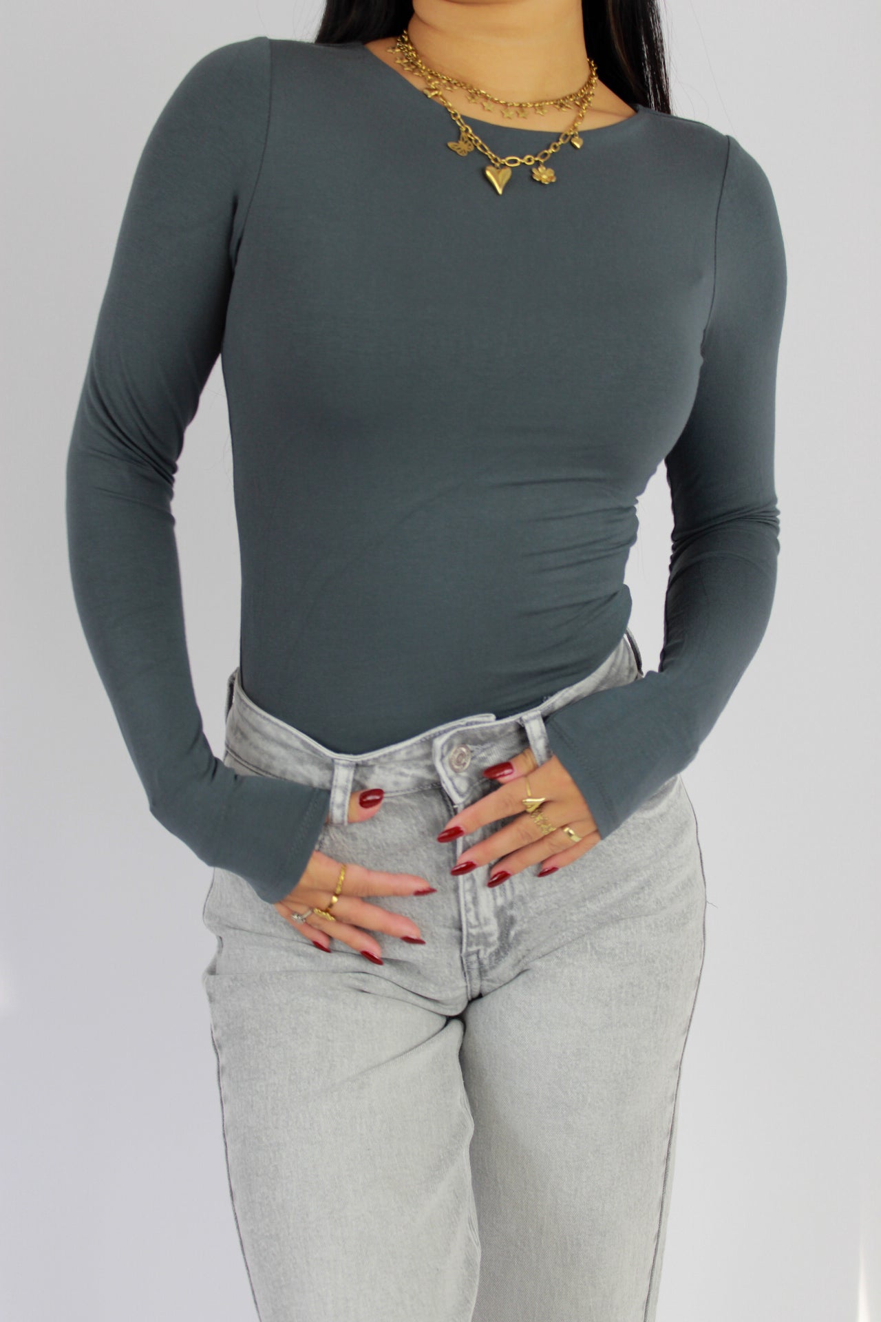 POSY LONG SLEEVE TOP - DARK GREY