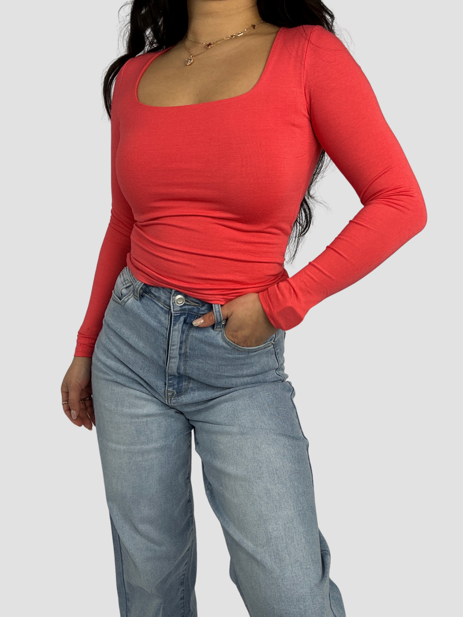 SQUARE LONG SLEEVE TOP - CORAL