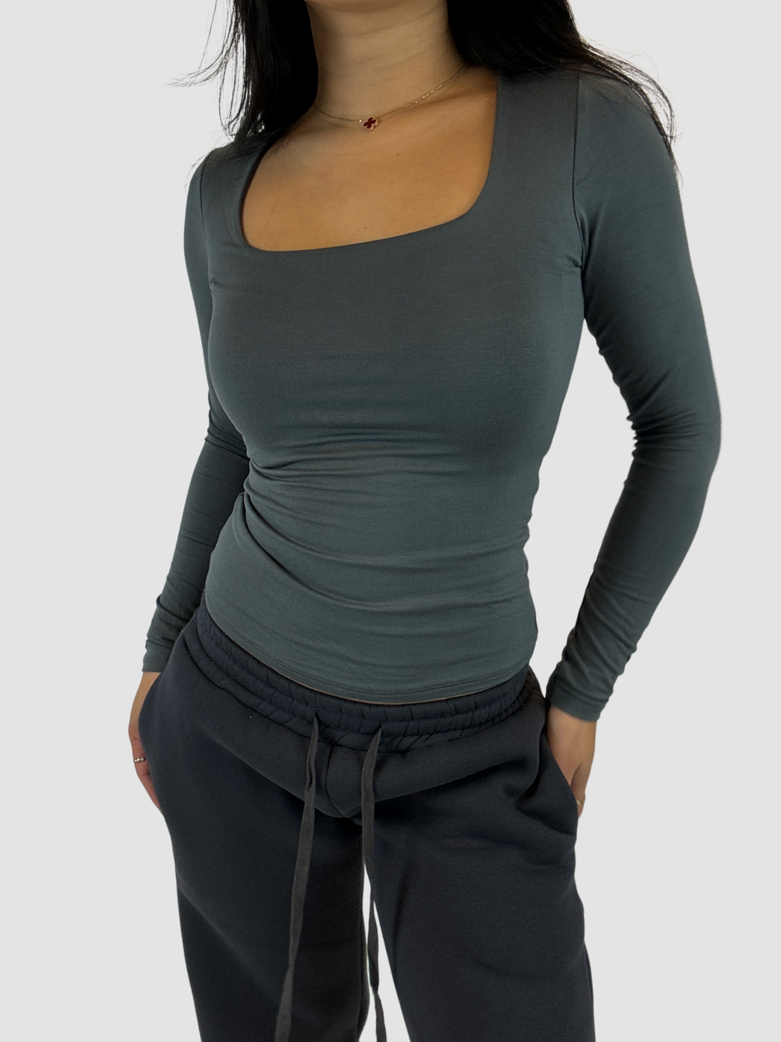 SQUARE LONG SLEEVE TOP - DARK GREY