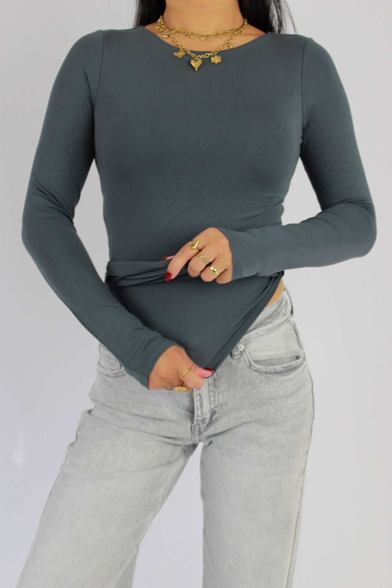 POSY LONG SLEEVE TOP - DARK GREY