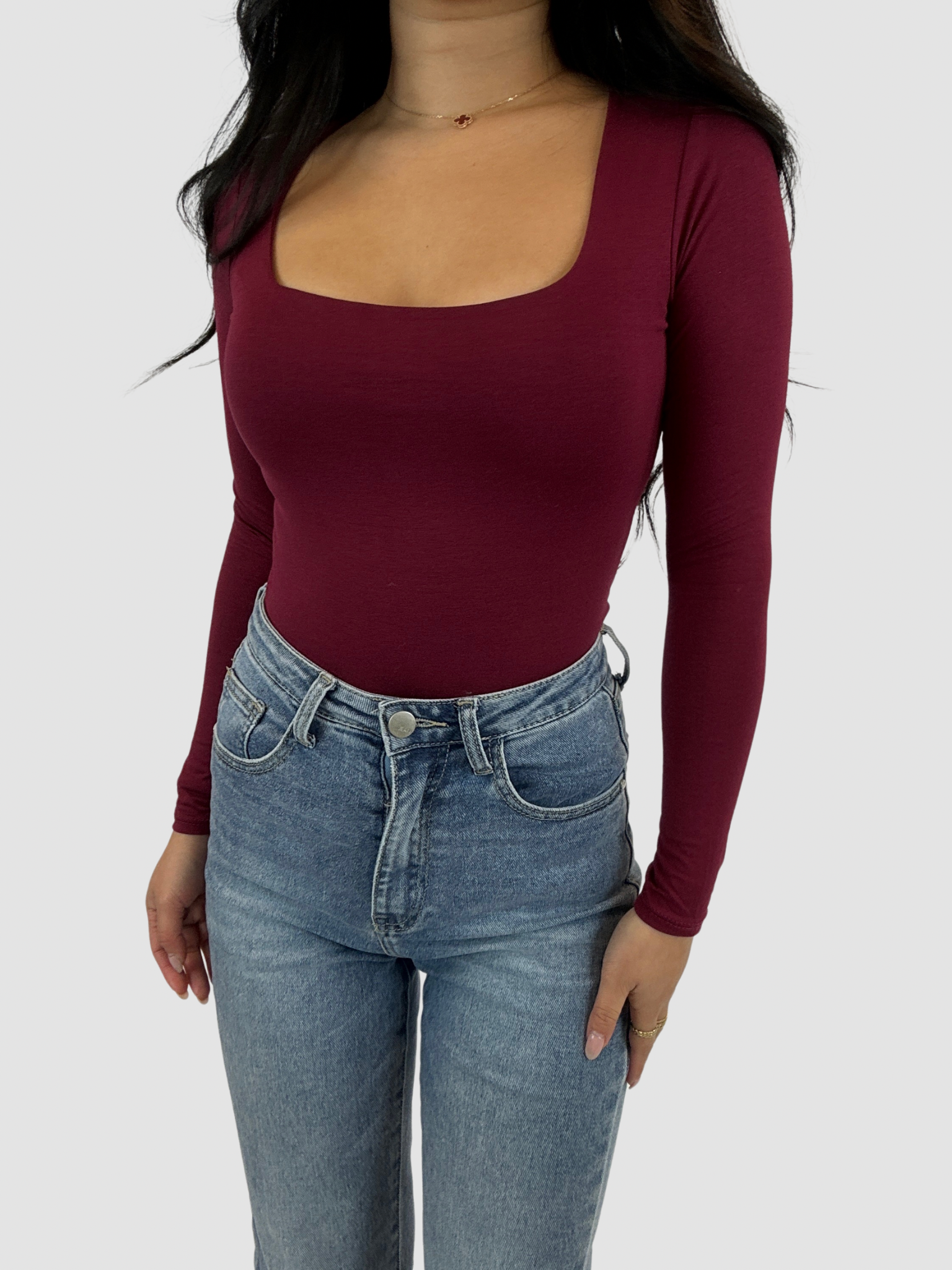 SQUARE LONG SLEEVE TOP - BORDEAUX RED