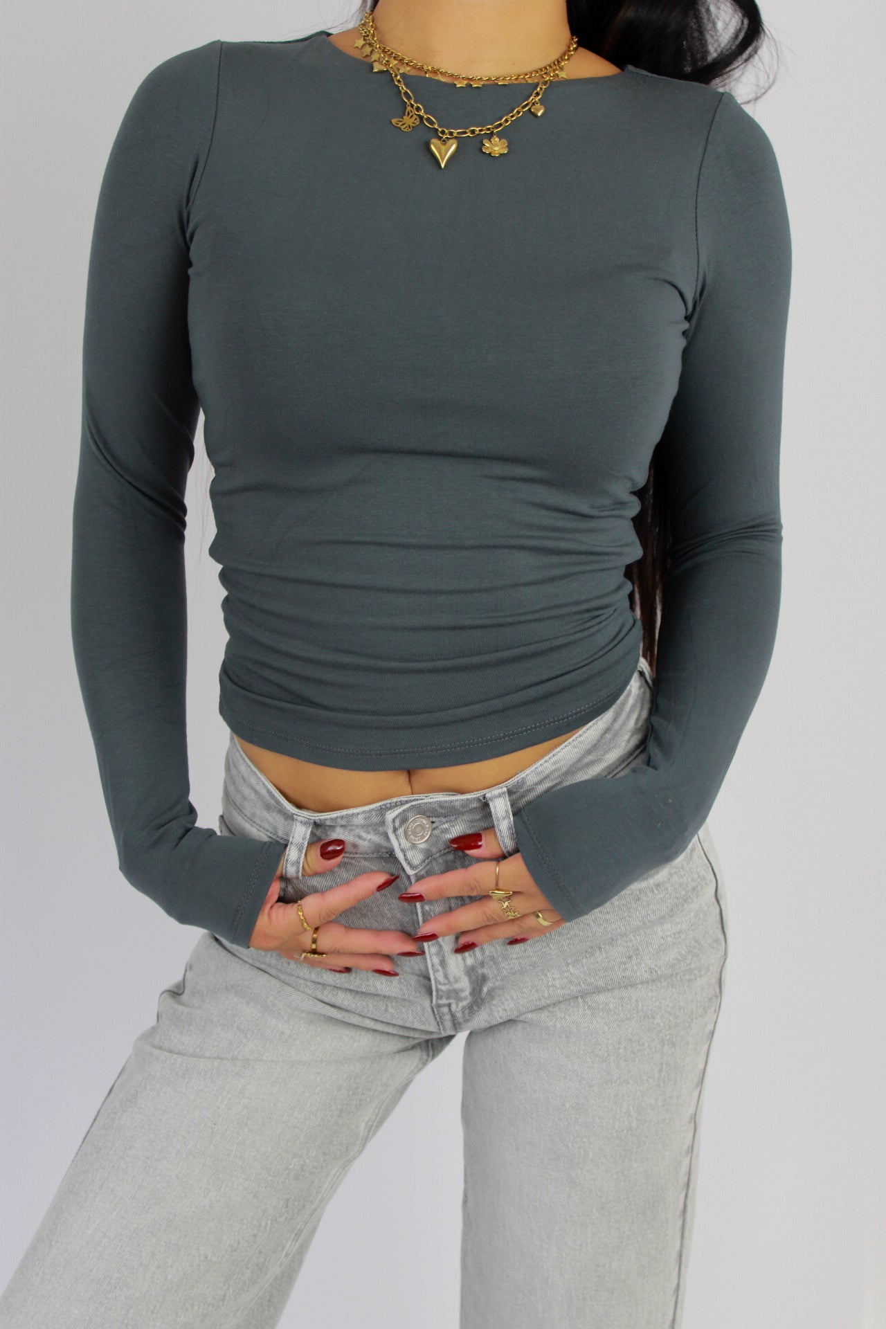 POSY LONG SLEEVE TOP - DARK GREY