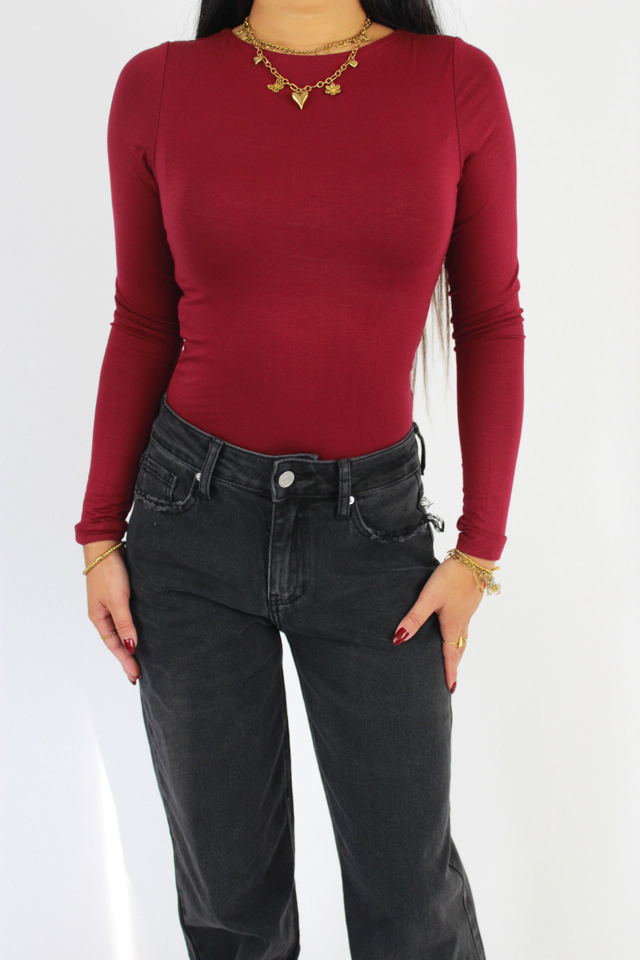 POSY LONG SLEEVE TOP - BURGUNDY