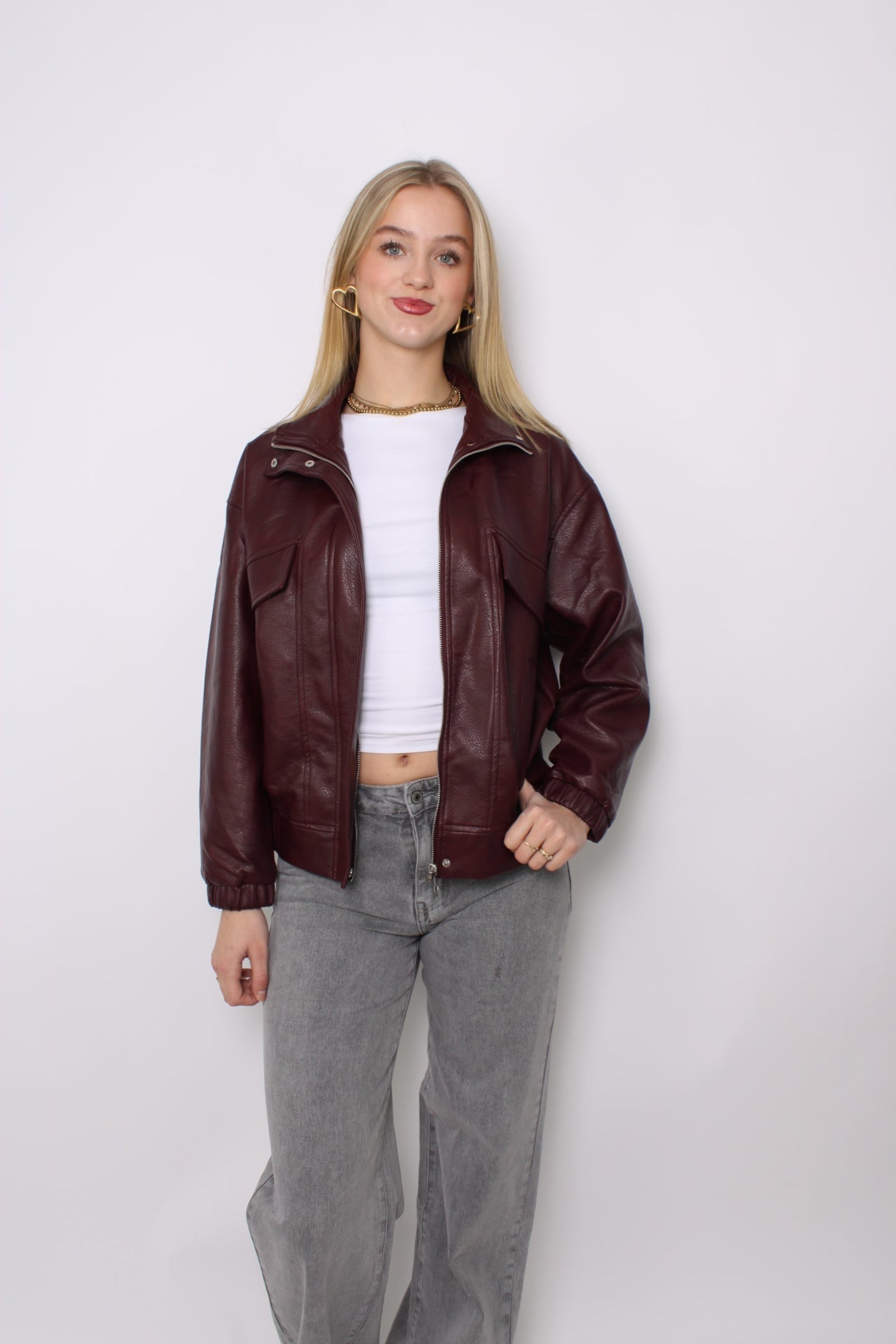 PU LEATHER JACKET - BURGUNDY