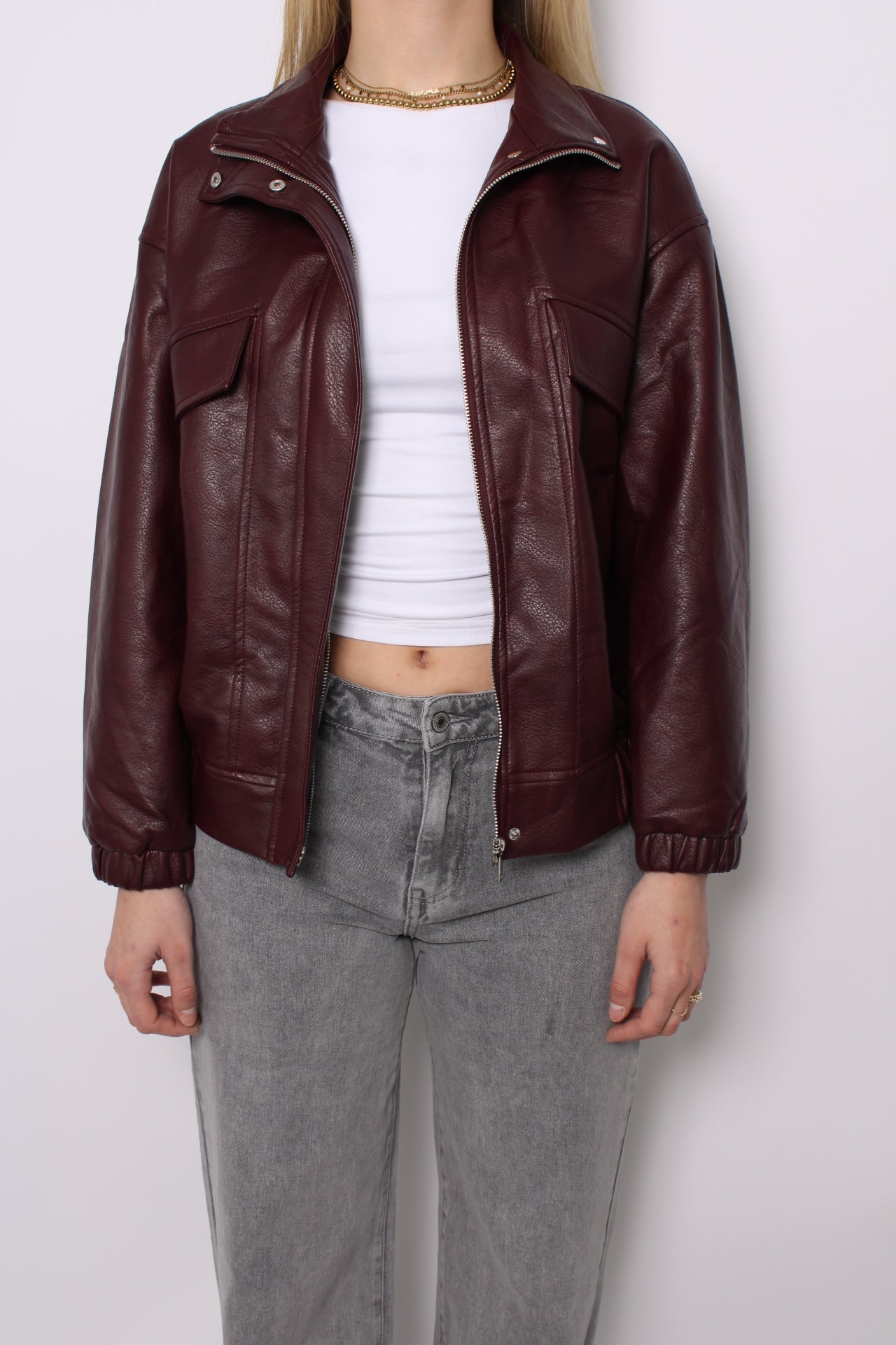 PU LEATHER JACKET - BURGUNDY