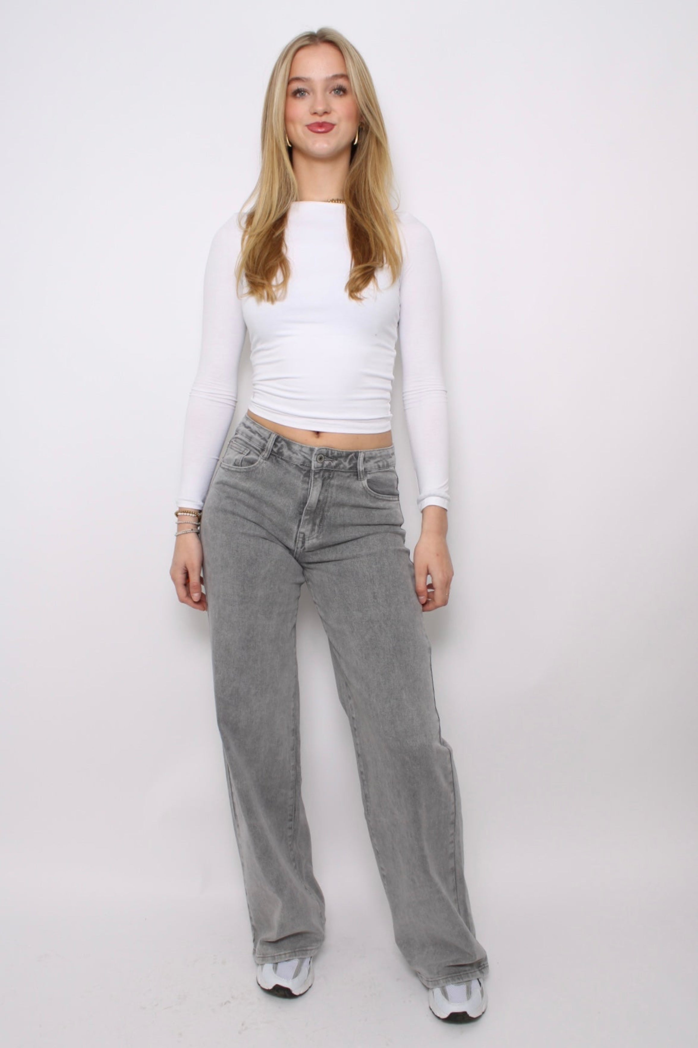 ''TALL'' MID WAIST WIDE LEG JEANS 8558-2 - LIGHT GREY