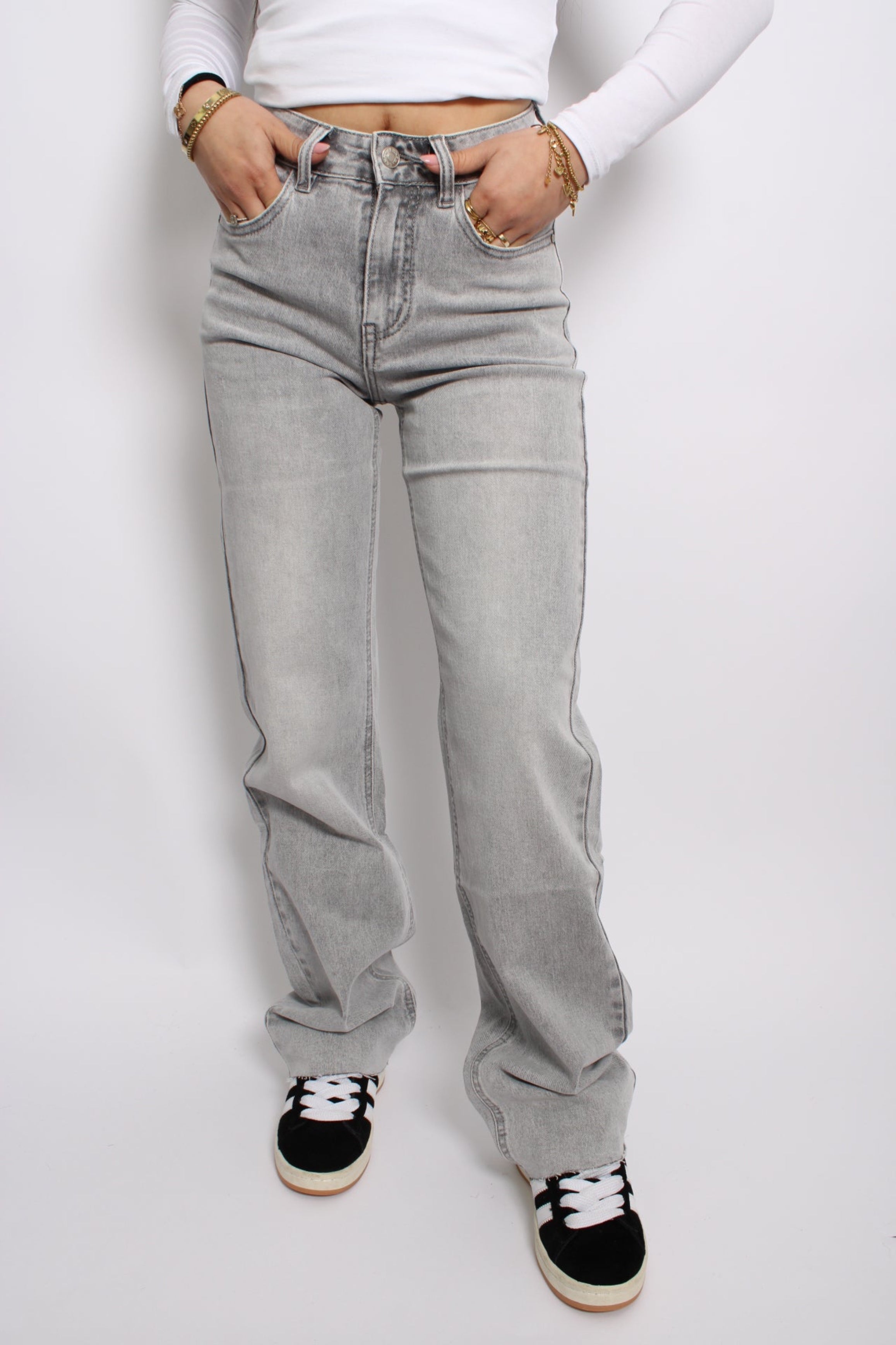 MID WAIST STRAIGHT LEG JEANS 9038 - LIGHT GREY