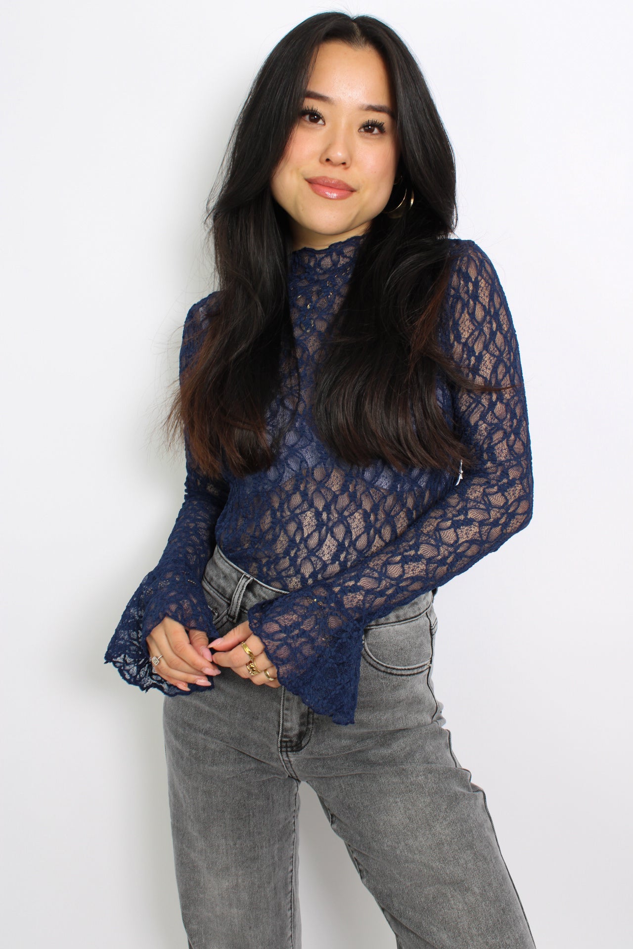 FLARE LACE TOP - NAVY