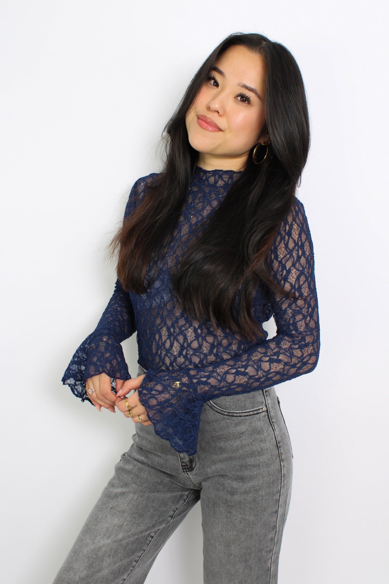 FLARE LACE TOP - NAVY