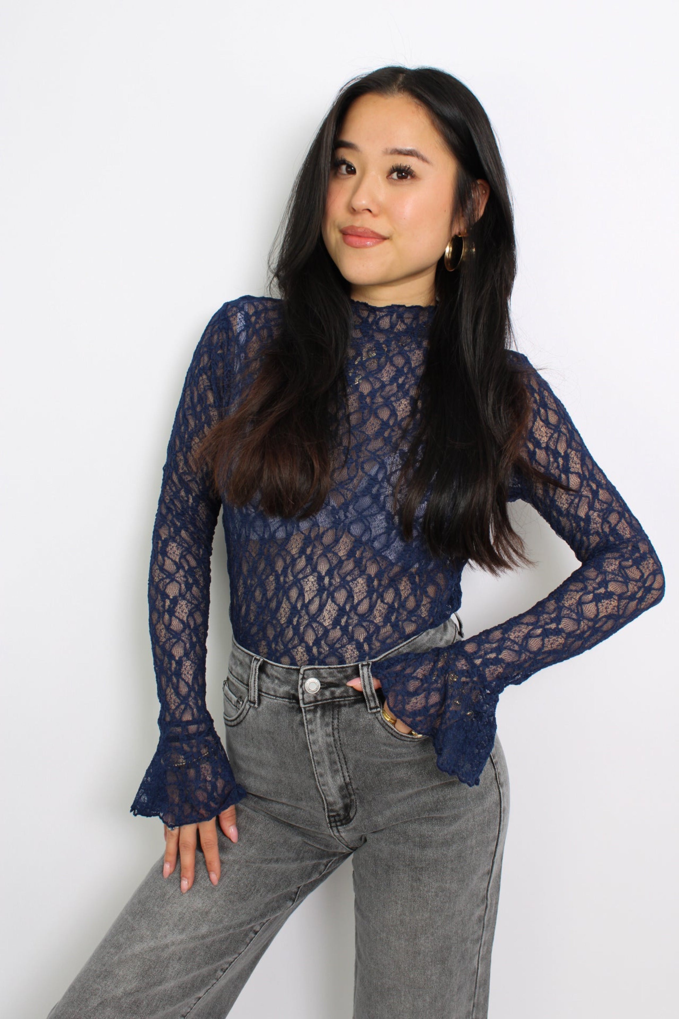 FLARE LACE TOP - NAVY