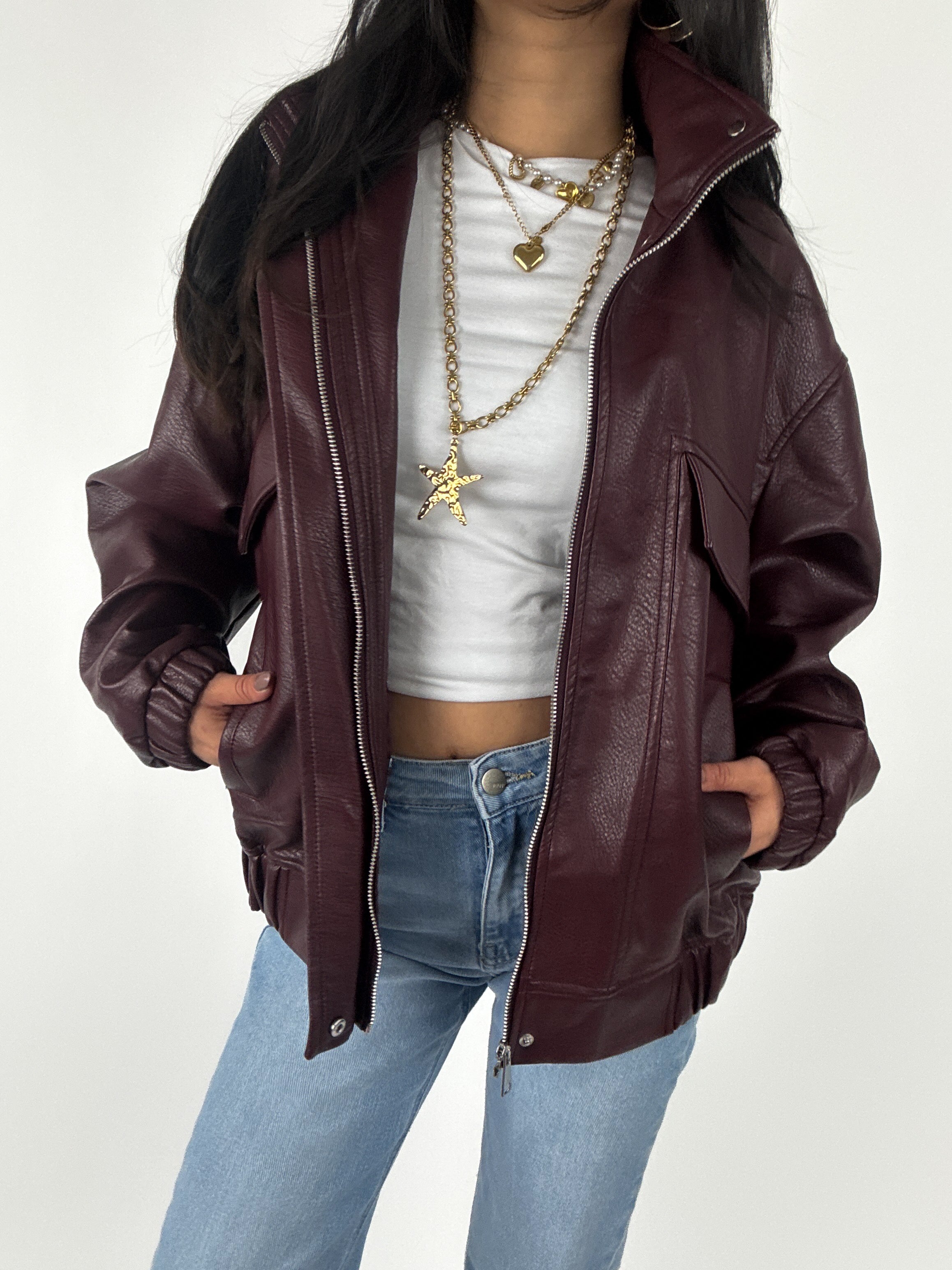 PU LEATHER JACKET - BURGUNDY